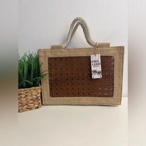 Boho Chic Burlap Straw Bag with Woven Cane Detail - Summer Tote